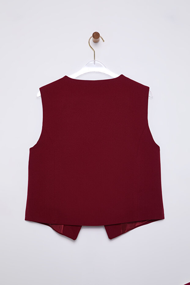 Bordo Fitted Crop Kalpli Düğmeli Dokuma Yelek TWOSS25YE00015 - 10