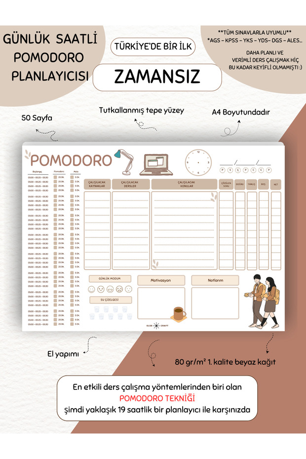 Zamansız- Pomodoro Ders Çalışma Defteri-a4 Yatay- 50 Sayfa- Pl-11 Tüm Sınavlarla Uyumlu - 1