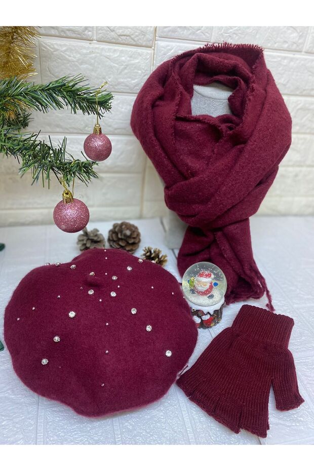 Christmas Gift Burgundy Zircon Stone Beaded French Painter Beret, Tasseled Scarf, Fingerless Gloves