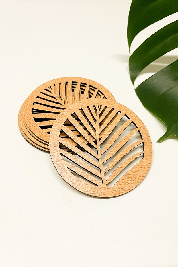 Natural Wood Colored Leaf Patterned Coasters (Set of 6)