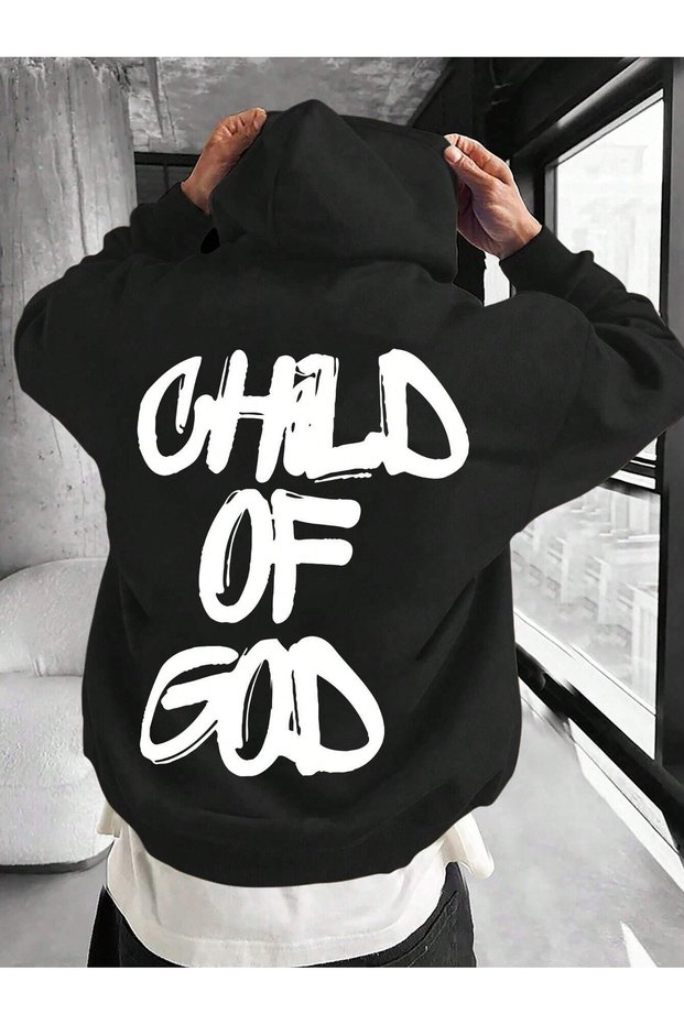 Men's Black Child of God Printed 3 Thread Hooded Hoodie Sweatshirt