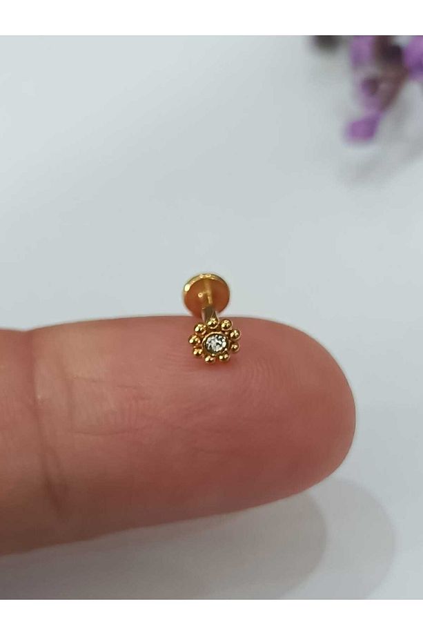 Cerrahi Çelik Tek Taş Güneş Kristal Altın 6x1.2mm Labret Piercing, - 1