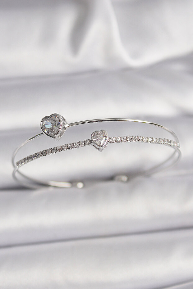 Brass Silver Color Zircon Stone Heart Model Women's Bracelet