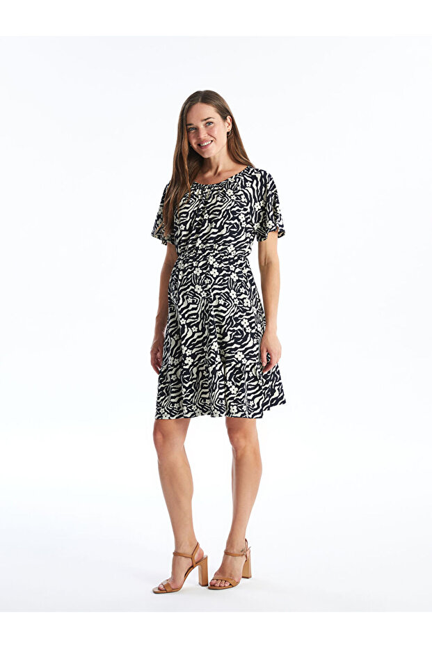 Blue Crew Neck Patterned Short Sleeve Dress