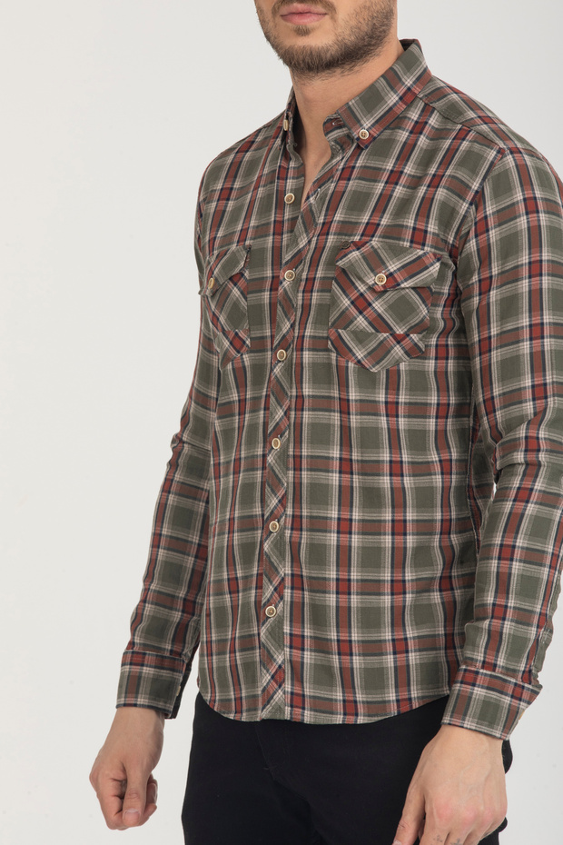 Men's Plaid Double Pocket Cap Cotton Shirt