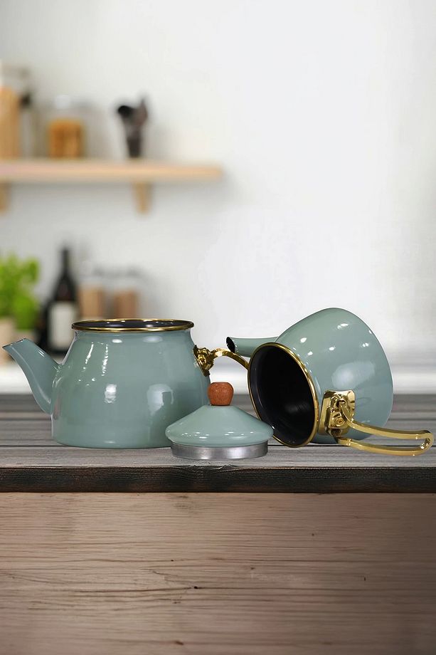 Soft Green Gold Model Emaye Çaydanlık - 4