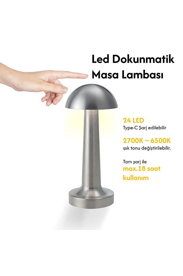 Şarjlı Dokunmatik Led Dimerlenebilir Gümüş Mantar Masa Lambası Af11-00293 - 2