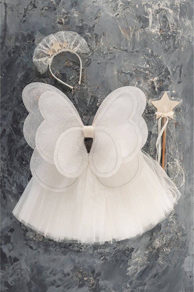 Butterfly Wing Skirt Crown and Star Wand Lux-4 Pieces / 1-4 Years-White Color