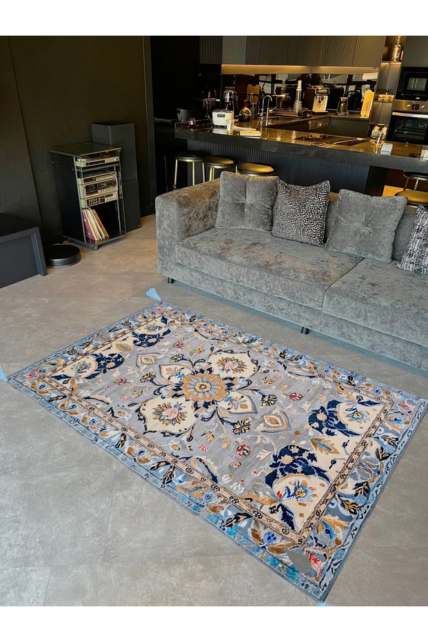 Tokyo Collection Gray Blue Themed Traditional Motif Patterned Woven Base Vintage Decorative Carpet 13