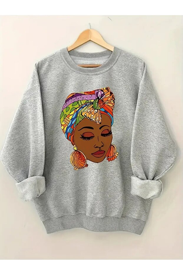Women's Portrait Printed Crew Neck Oversize Gray Sweatshirt