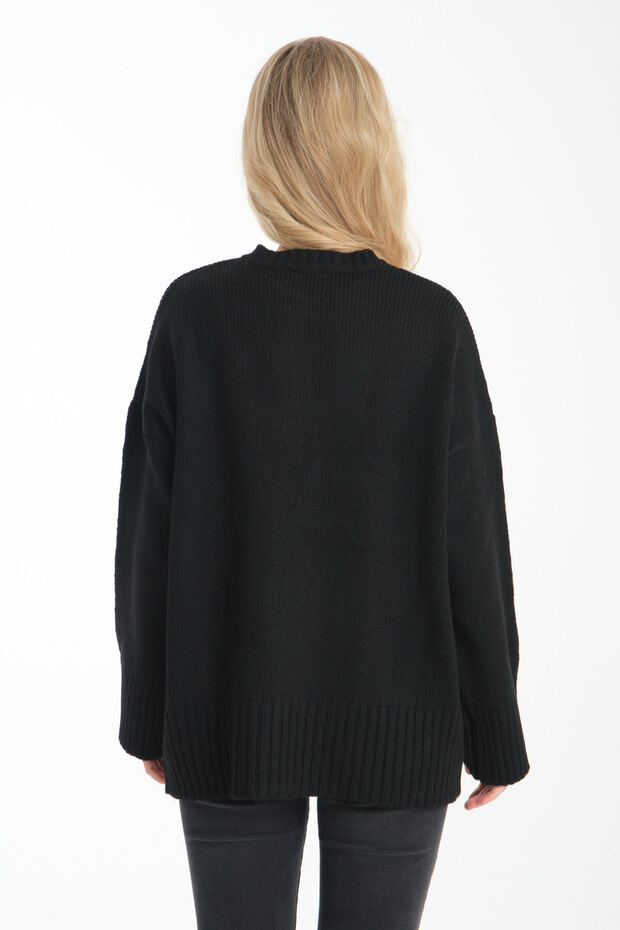 Oversize Basic Siyah Uzun Kadın Kazak - 5