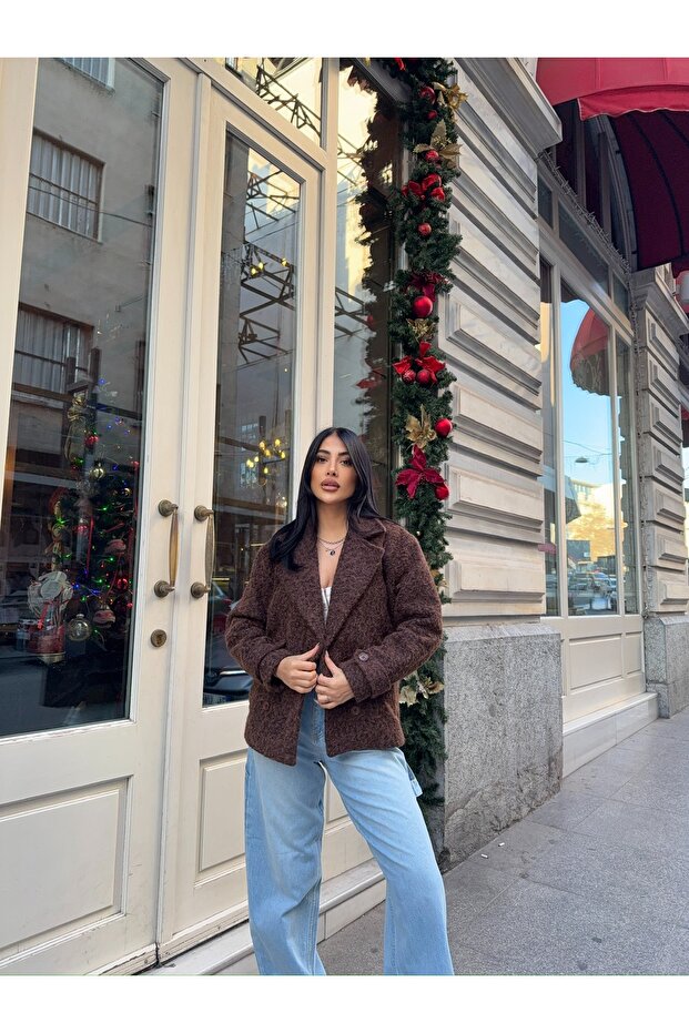 Boucle Buttoned Belted Gray Blazer Jacket - 2