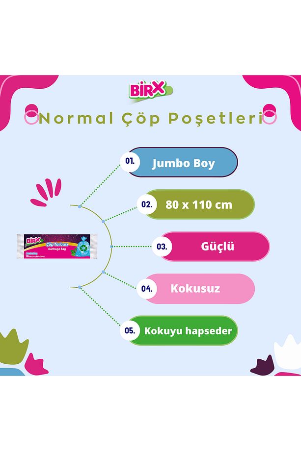 Çöp Poşeti Jumbo Boy 5'li 80 x 110 cm Çöp Torbası (10'lu) 50 Adet - 3