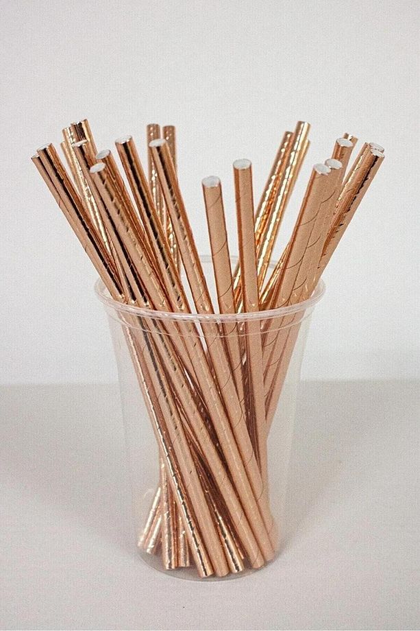 Parlak Metalize Rosegold Kağıt Pipet 24 Adet Parti Doğumgünü Eğlence İçecek Pipeti - 1
