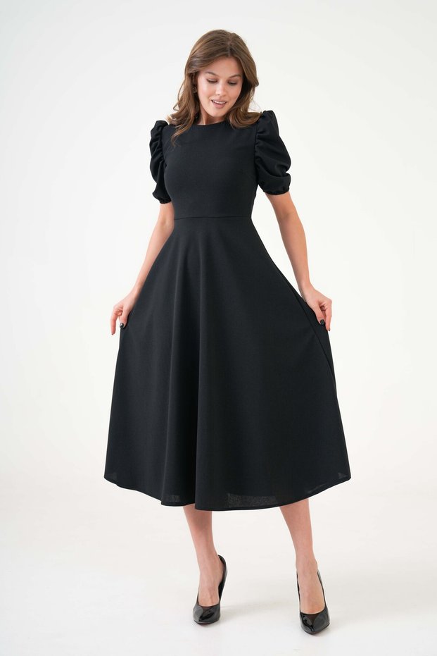 Women's Round Neck Short Balloon Sleeve Stretchy Crepe Fabric Midi Length Flared Cut Black Dress 092