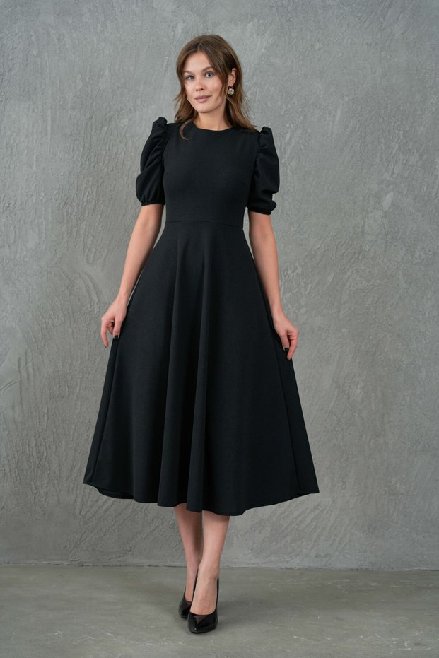 Stretchy Fabric Balloon Sleeve Round Neck Midi Length Flared Cut Black Evening Dress Homecoming Dress 092