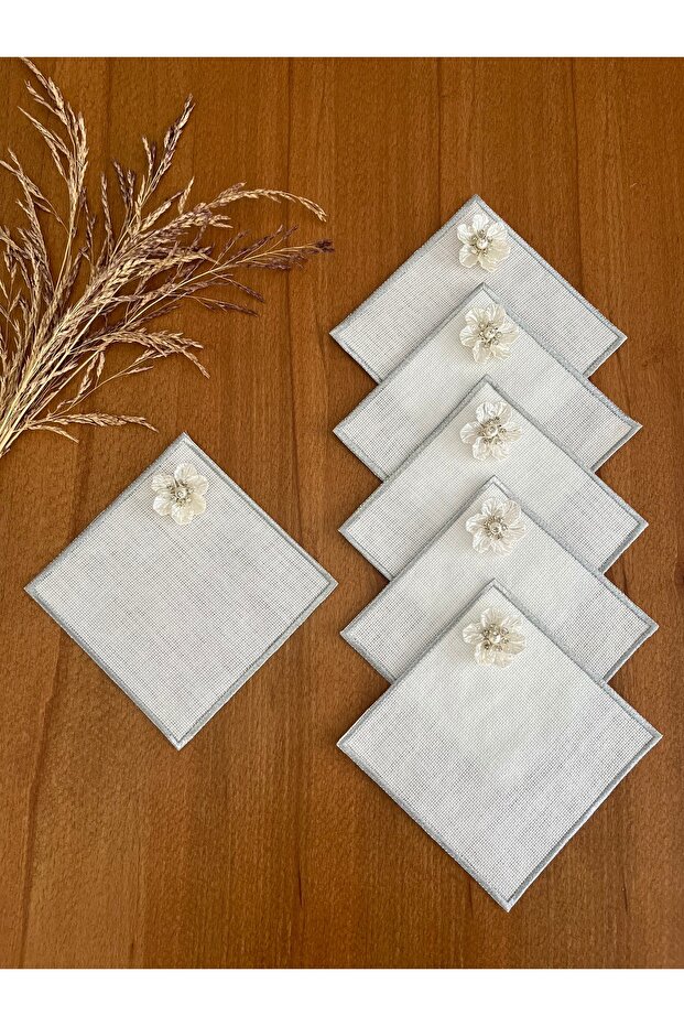 6 Pieces Linen Silver Color Square Cocktail Presentation Napkins with Orchids
