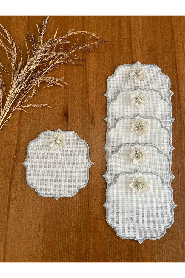 6 Pieces of Linen Silver Color Stylish Orchid Cocktail Presentation Napkins