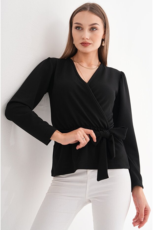 Black Double-Breasted Collar Long Sleeve Belted Stretch Fabric Crepe Blouse