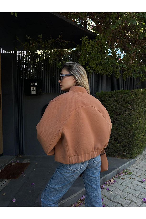 gabardin kaşe kumaş astarlı cep ve düğme detay oversize pinterest bomber trend mont ceket - 2