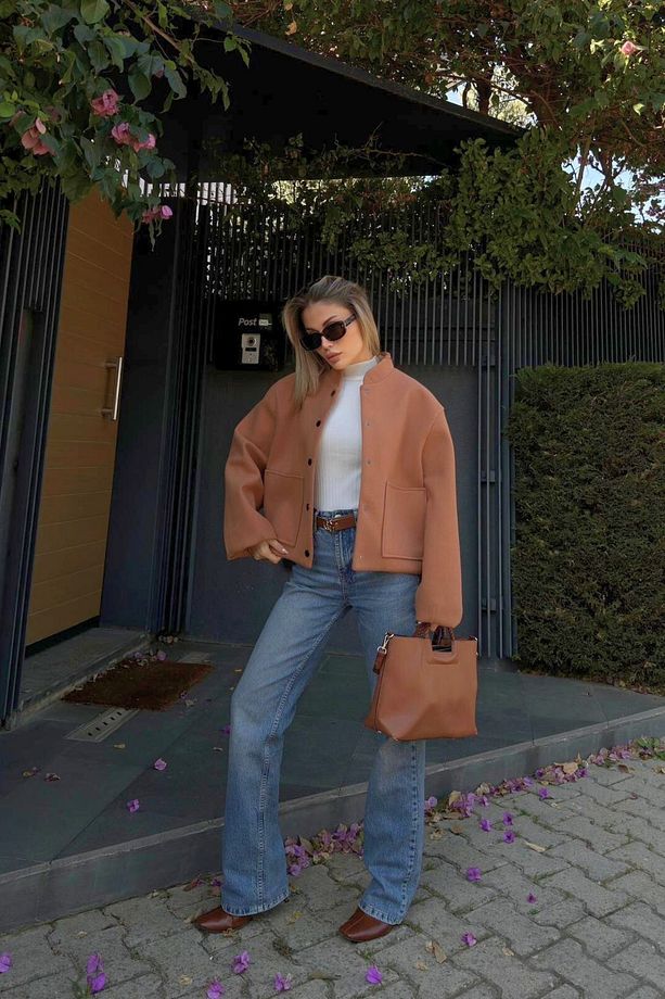 gabardin kaşe kumaş astarlı cep ve düğme detay oversize pinterest bomber trend mont ceket - 1