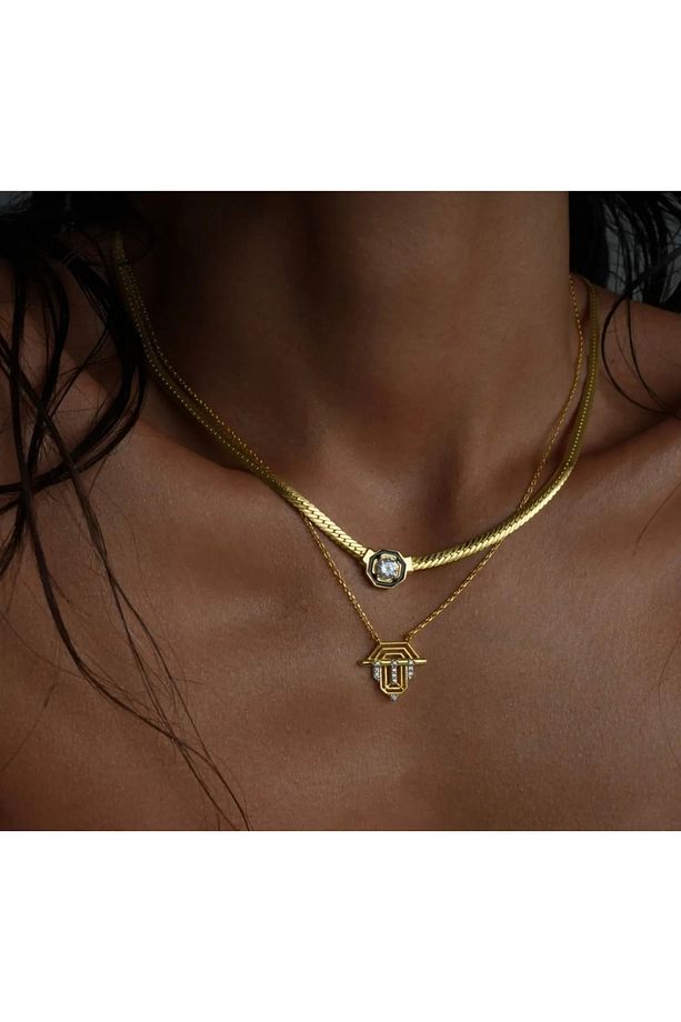 2 Adet Gold Çelik Zirkon Taşlı Ve Şövalye Model Serenay Kolye Set,kolye - 2