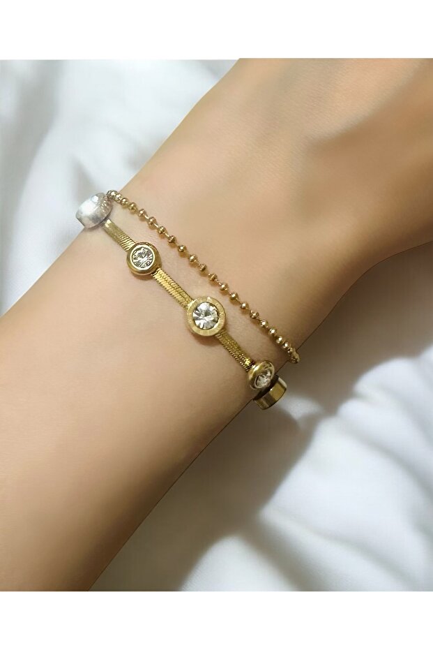 Gold Double Steel Ball Bracelet and Zircon Stone Bracelet,Bracelet