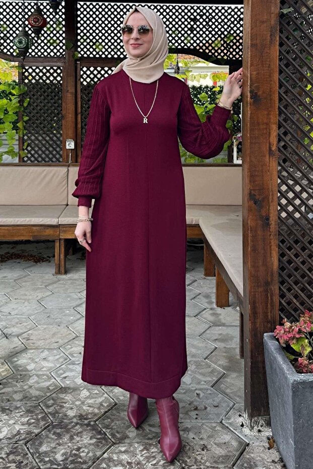 Ecem Bordo Triko Elbise - 4