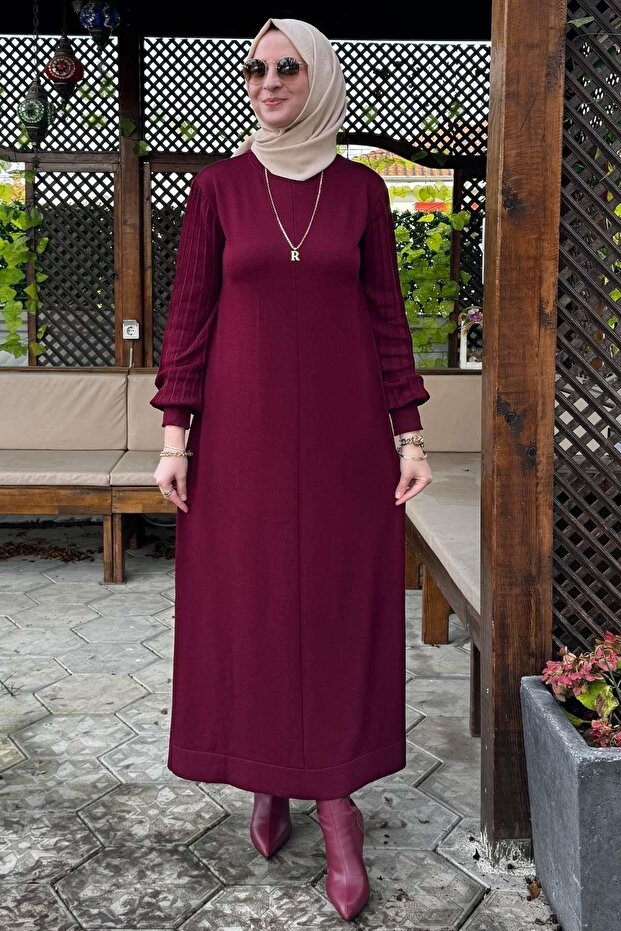 Ecem Bordo Triko Elbise - 6