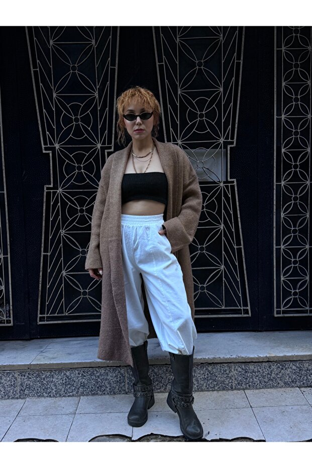 Maxi Uzun Trend Polarlı Triko  Düşük Kol Yarasa Kol Uzun Hırka - 6