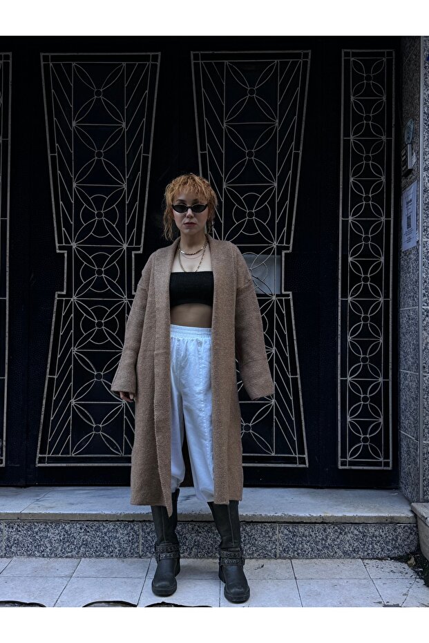 Maxi Uzun Trend Polarlı Triko  Düşük Kol Yarasa Kol Uzun Hırka - 1