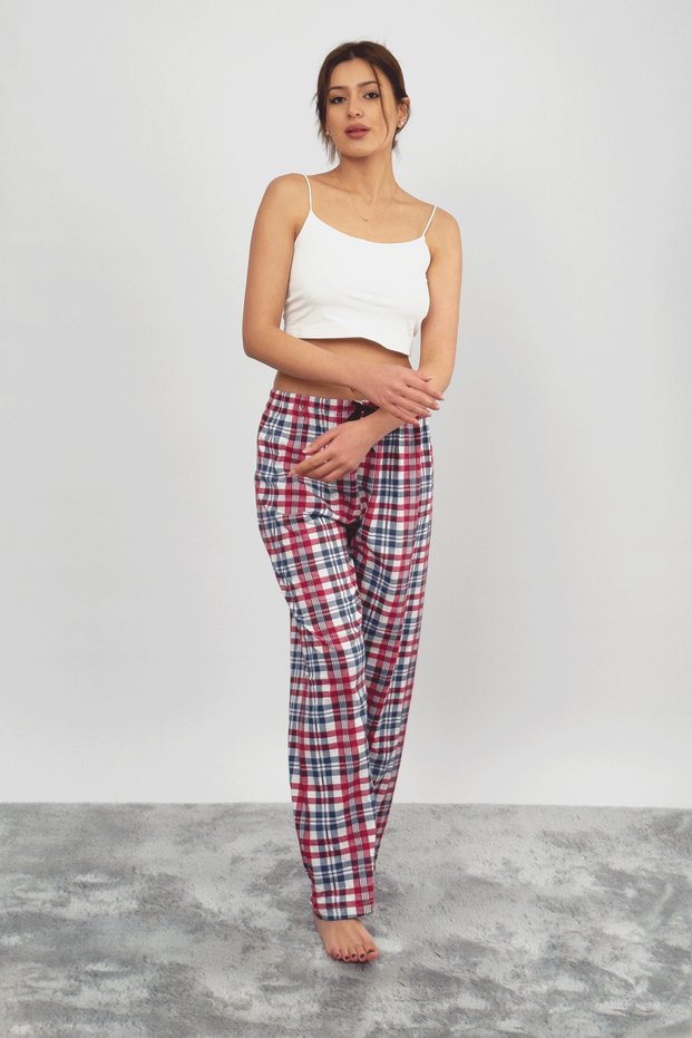 Women's Cotton Plaid Pattern Sleepwear Sweatpants with Ribbon White Square