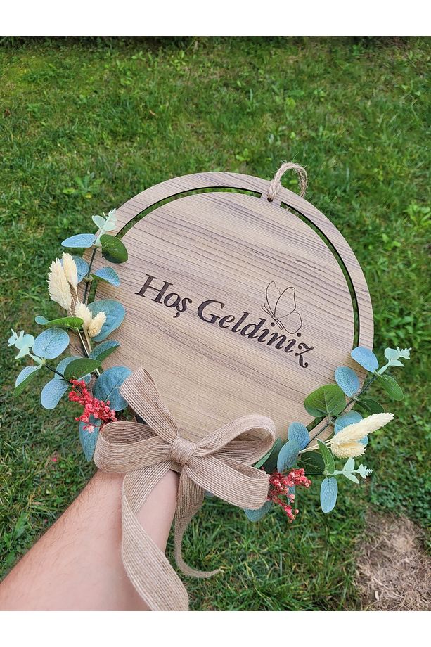 Okaliptus Hoş Geldiniz Kelebekli Ahşap Kapı Duvar Süsü  (30 CM ÇAP) - 6