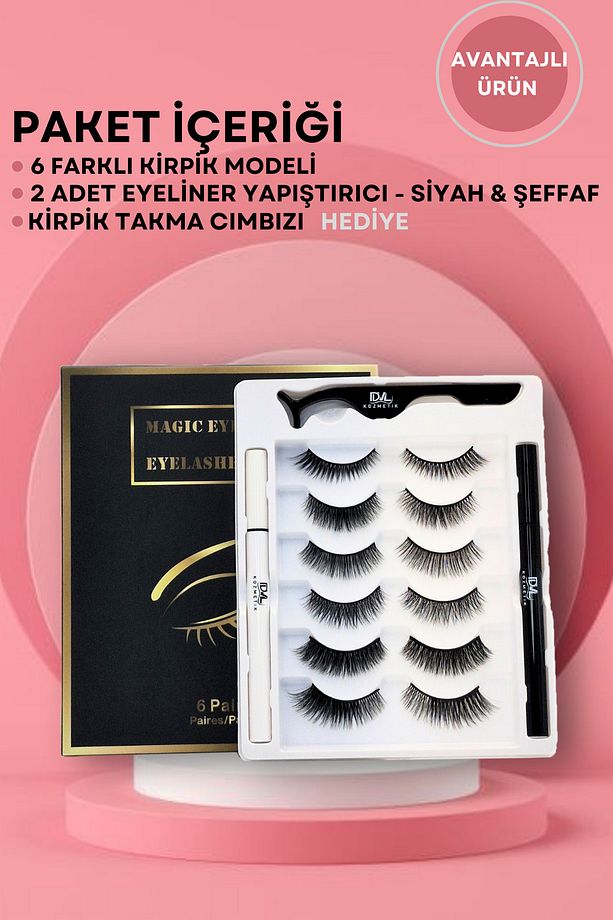 Suya Dayanıklı 6'lı Takma Kirpik Seti & 2 Adet Kalem Yapıştırıcı (Takma Aparatı Hediye) - 3