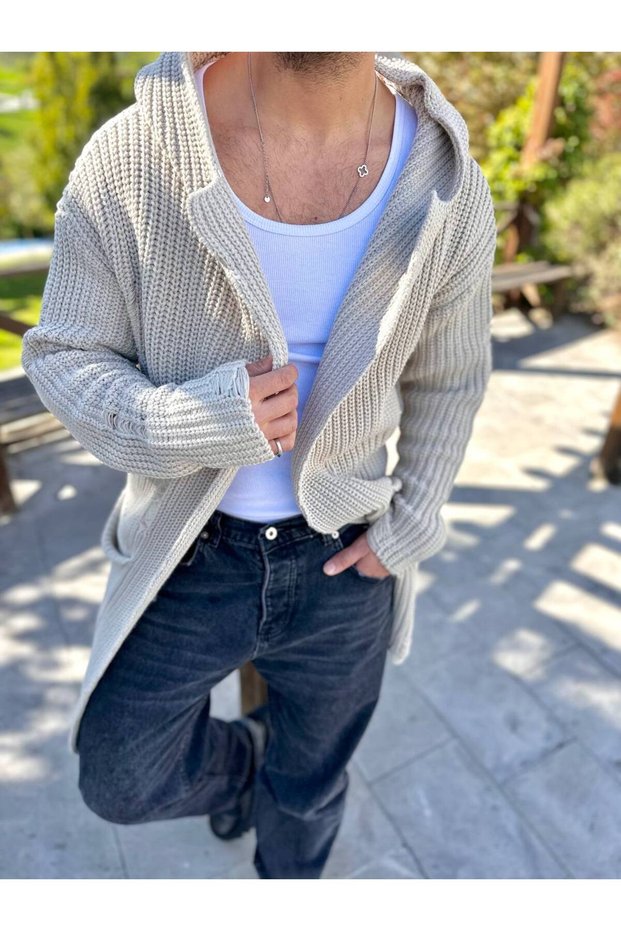 Cardigan Hooded Pocket Natural Cotton Loose Laser Cut Ripped Detailed Knitwear Long Poncho Cardigan