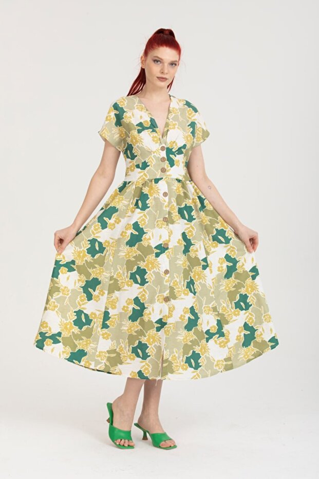 Floral Print Button-Down Short Sleeve Linen Dress