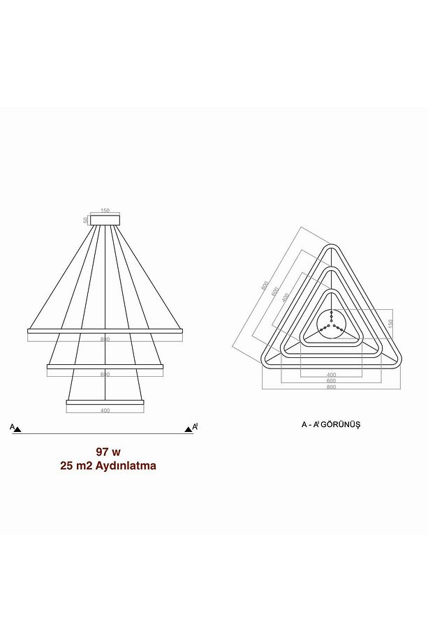 Triple Üçgen Avize 80-60-40 cm Vxl00347 - 7