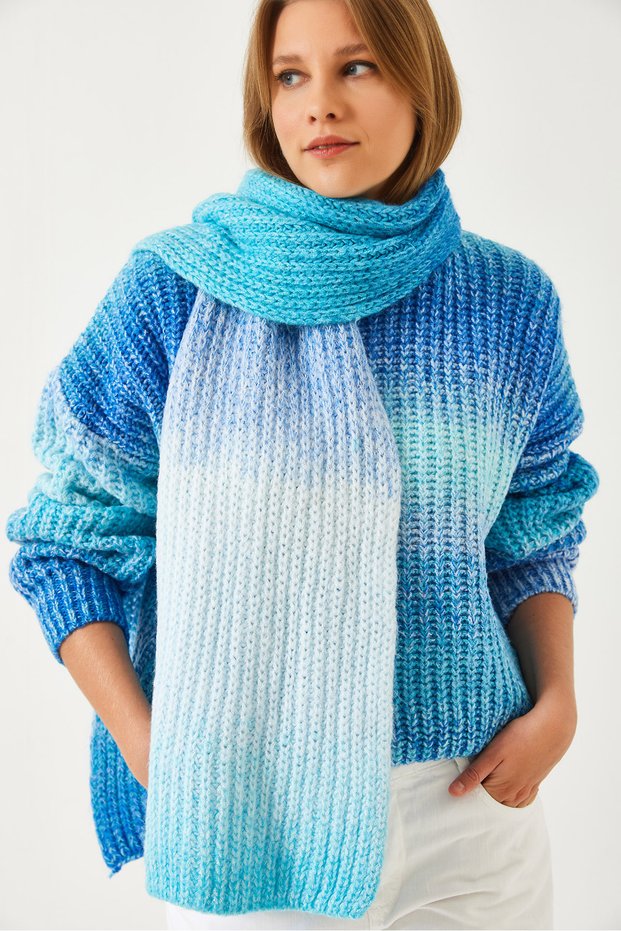 Women's Turquoise Ecru Crew Neck Knitted Scarf Sweater Tk241217 60261174