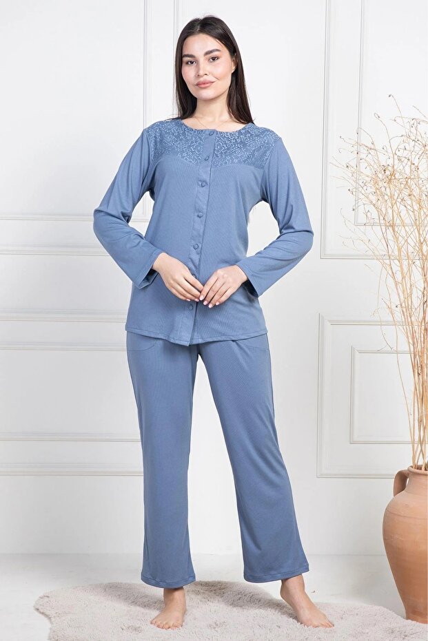 Women's Plus Size Button-Down Long Sleeve Melisa Fabric Pajamas Set 75% Cotton 25% Viscose