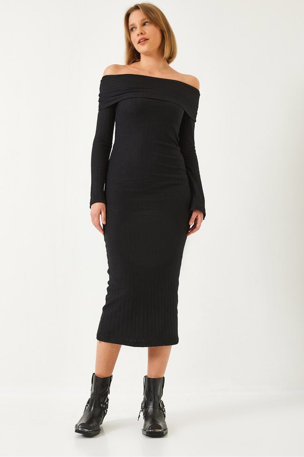 Women's Black Madonna Collar Spanish Sleeve Ribbed Dress 0201 60261176