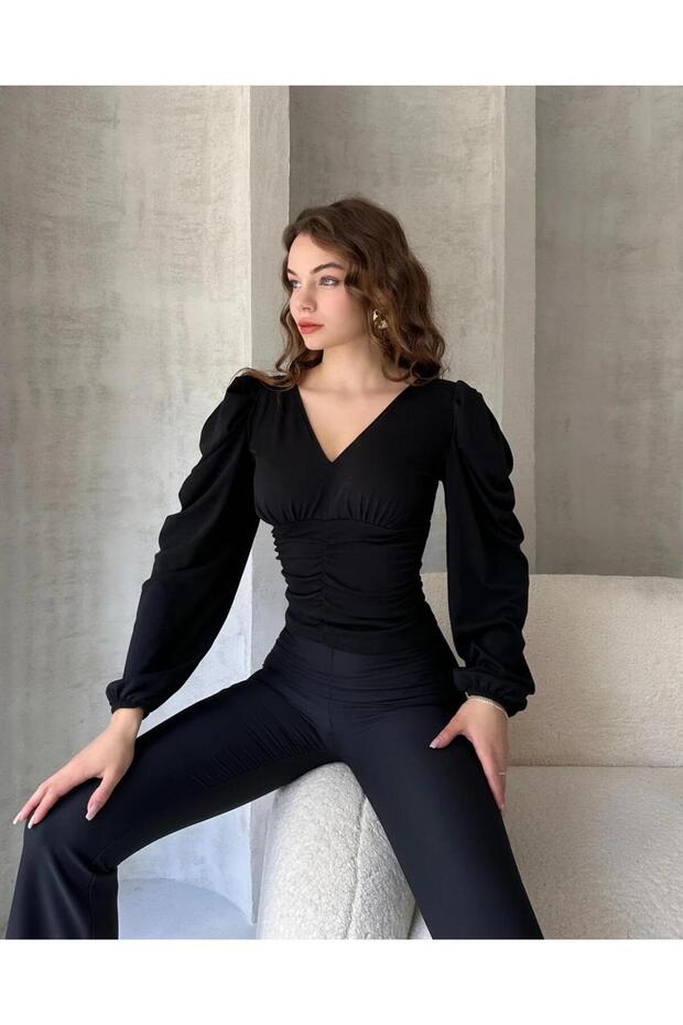 Fashion Show V-Neck Draped Detailed Crepe Blouse