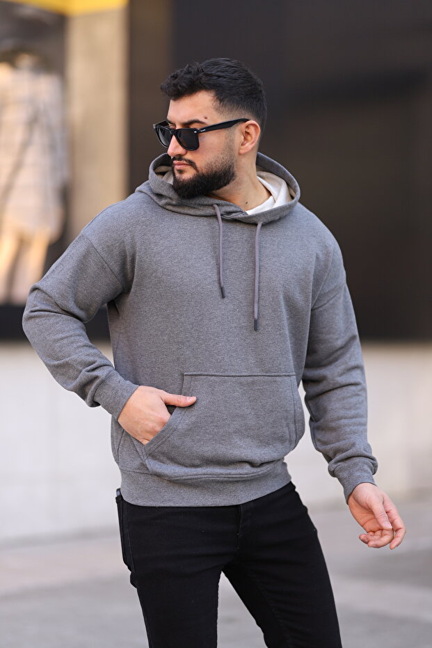 Erkek Oversize Basic Kapüşonlu Sweatshirt Polar - 2