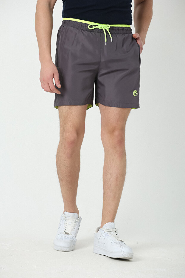Men's Anthracite-neon Yellow Garnished Embroidered Pool-Sea Shorts