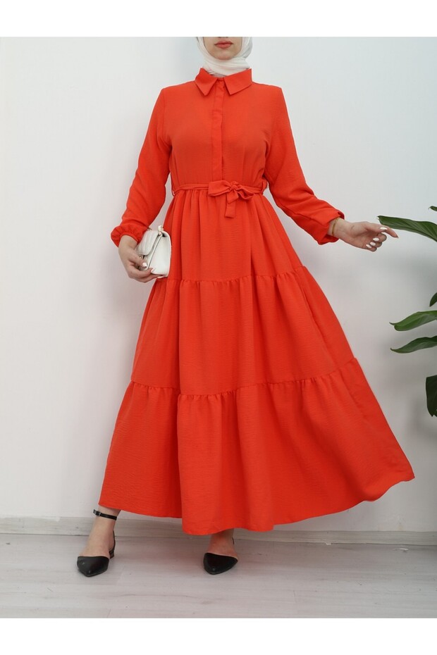 Half-Buttoned Dress with Elasticated Sleeves and Tie Waist -Pomegranate Flower