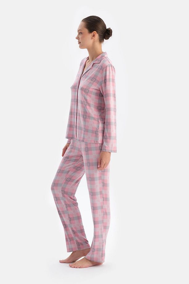 Soft Pembe Ekoseli Termal Gömlek Pantolon Pijama Takımı - 3