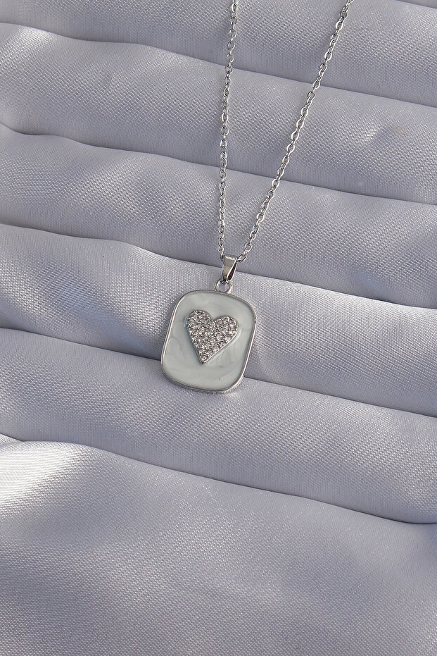 316L Steel Chain Marble Pattern Silver Color Zircon Stone Heart Model Necklace Tj-Bko9014