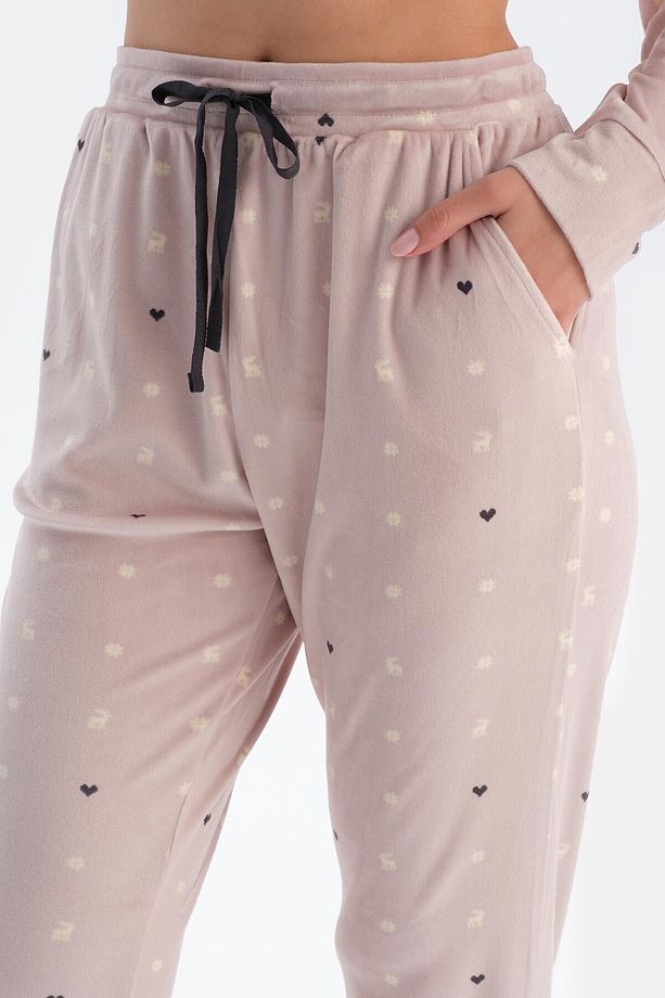 Pudra Mıkroprınt Baskılı Uzun Kollu Kadife Pijama Takımı - 6