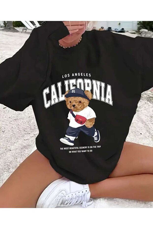 California Teddy Bear Printed Crew Neck Oversize Sweatshirt for Women