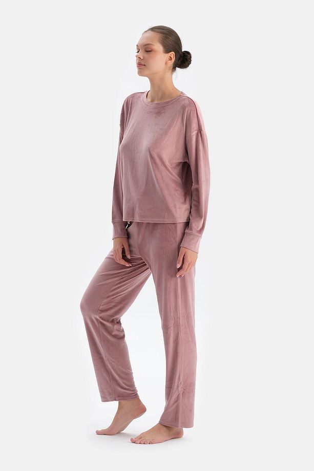 Gül Kurusu Uzun Kollu Bisiklet Yaka Kadife Pijama Takımı - 3