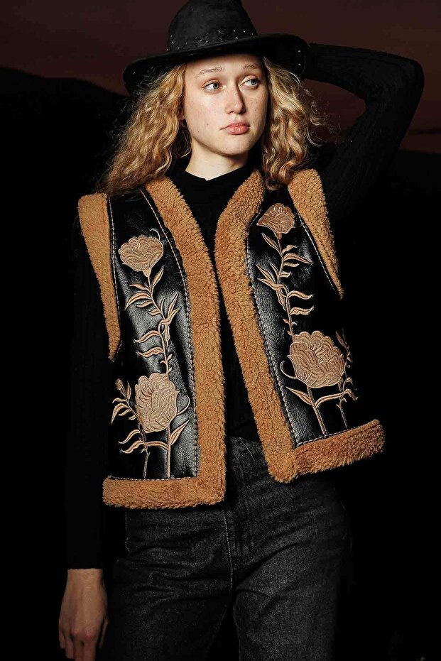 NAKIŞ İŞLEMELİ CAMEL KOVBOY YELEK - 3